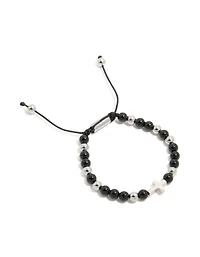 Mens Waterproof Stainless Steel Black Beaded & Cross Cord Bracelet