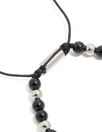 Mens Waterproof Stainless Steel Black Beaded & Cross Cord Bracelet
