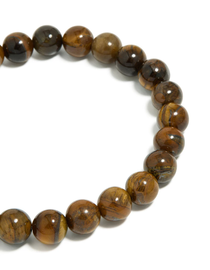 Mens Waterproof  Stainless Steel Tiger's Eye Beaded Bracelet