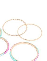 Gold Pink & Blue Beaded Bangles 5-Pack