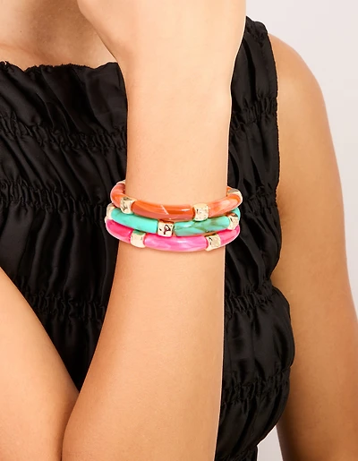 Worn Gold Pink & Turquoise Acrylic Stretch Link Bracelets 3-Pack