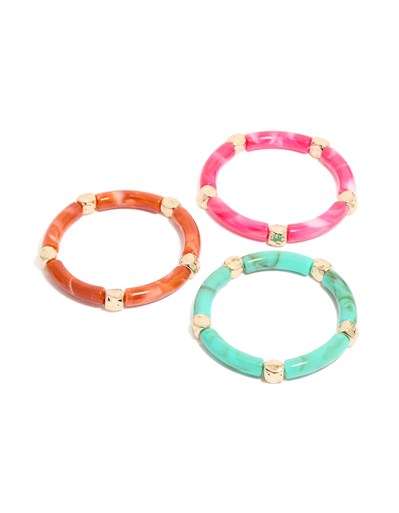 Worn Gold Pink & Turquoise Acrylic Stretch Link Bracelets 3-Pack