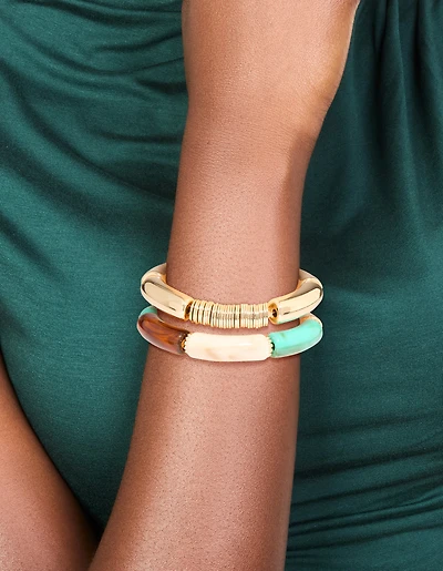 Gold With Rings & Acrylic  Stretch Bracelets 2-Pack
