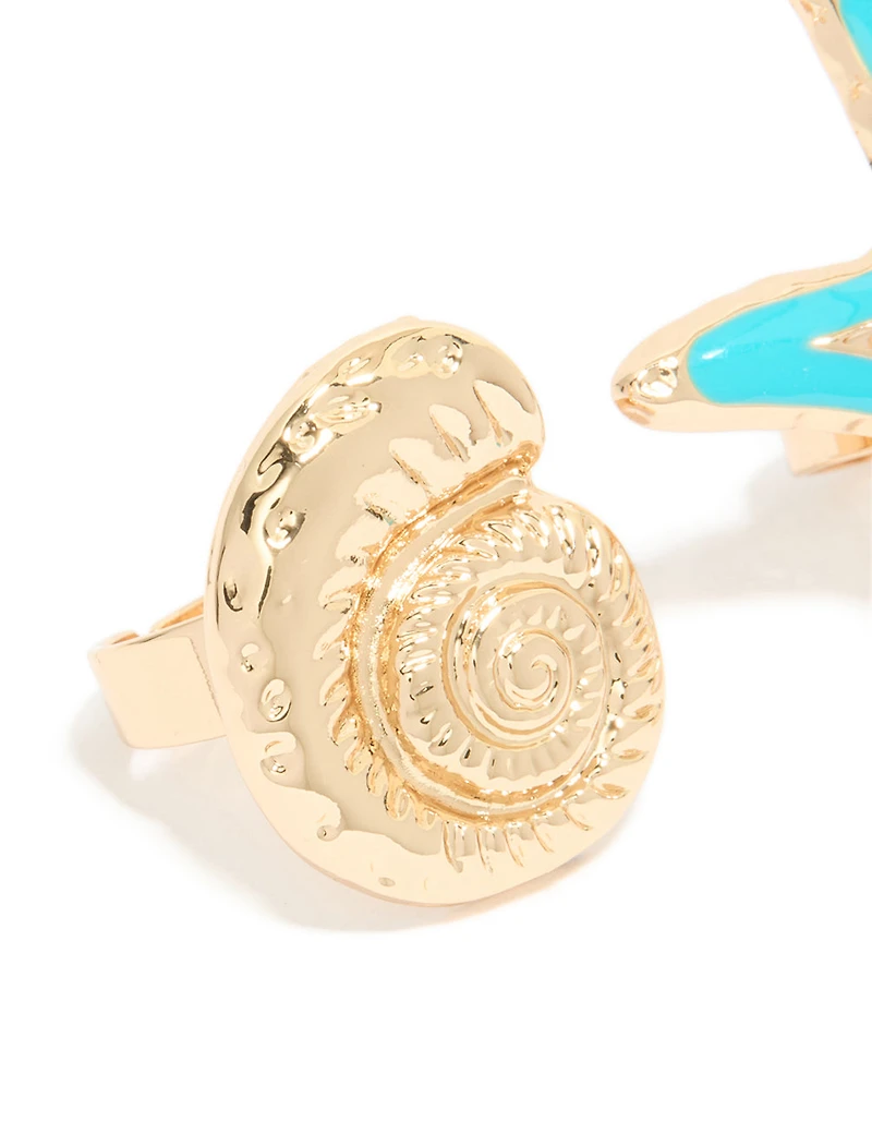 Gold Light Blue Enamel & Sea Life Rings 3-Pack