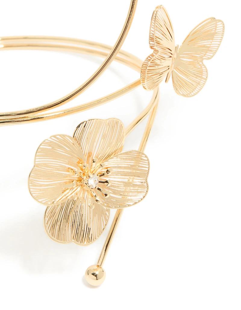 Gold Wire Cut Flower & Butterfly Arm Cuff