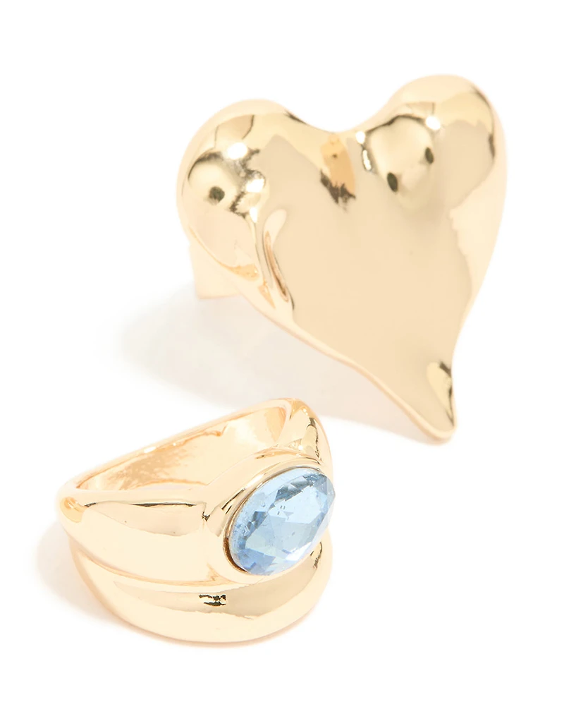 Gold Blue Gem & Heart Rings  3-Pack