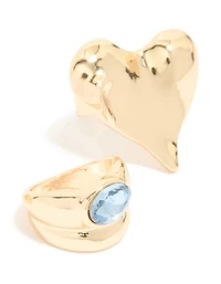 Gold Blue Gem & Heart Rings  3-Pack
