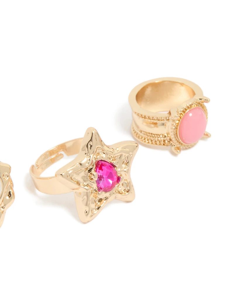 Brushed Gold Stone Rings 3-Pack