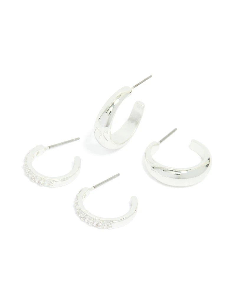 Boucles d’oreilles cubiques en zircone et cerceaux lisses plaqués argent
