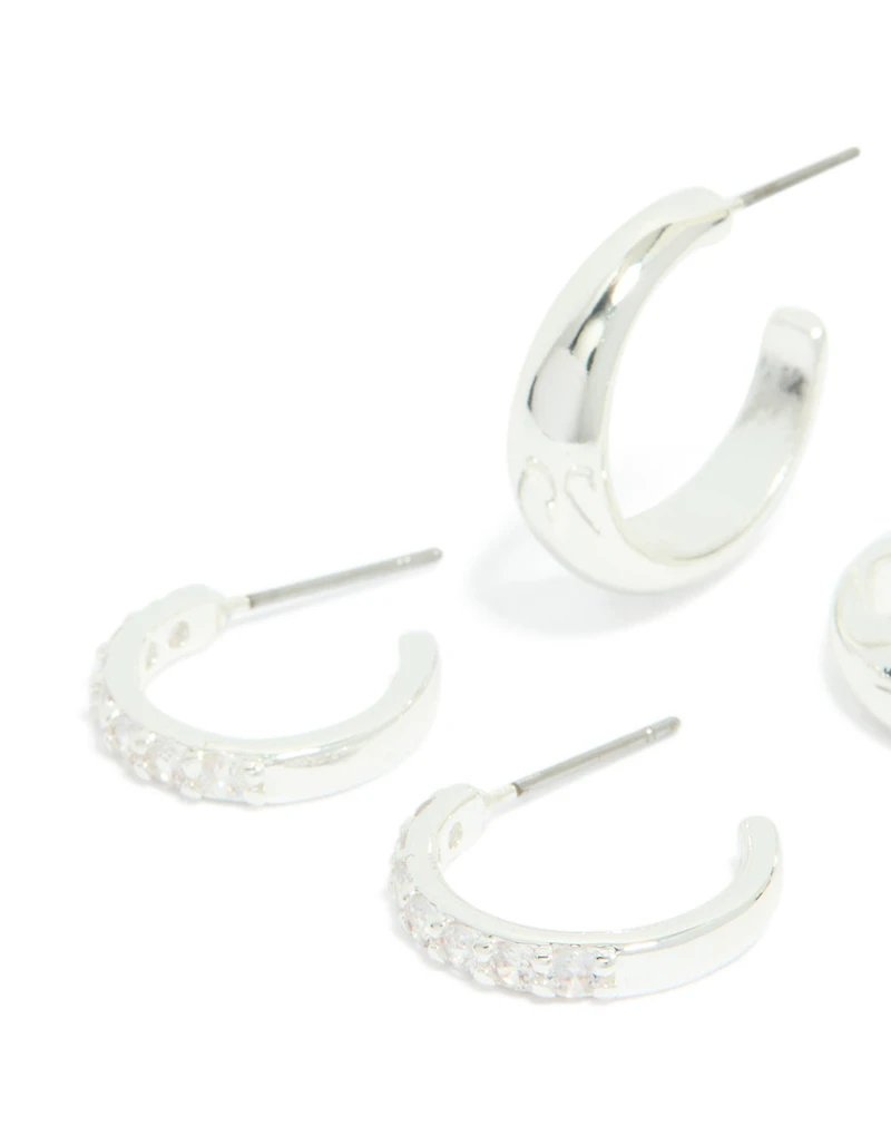 Boucles d’oreilles cubiques en zircone et cerceaux lisses plaqués argent