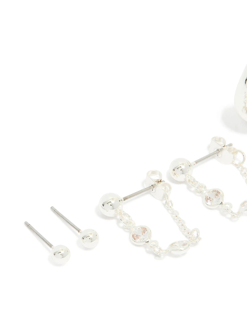 Silver Plated Chain & Huggie Earrings 4-Pack