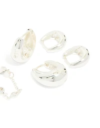Silver Plated Chain & Huggie Earrings 4-Pack