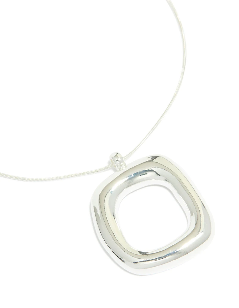 Silver Plated Puffy Square Pendant Necklace