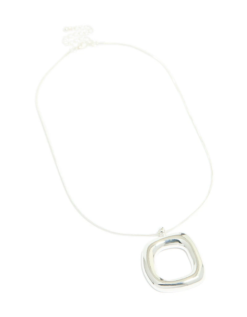 Silver Plated Puffy Square Pendant Necklace
