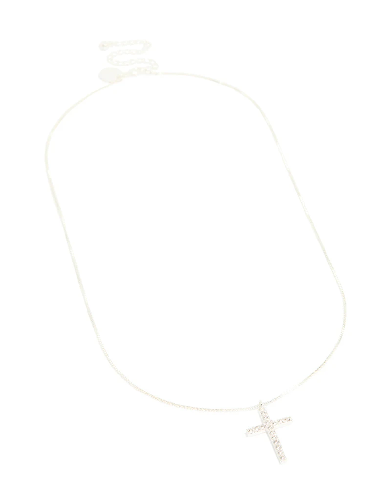 Silver Plated Diamante Cross Fine Chain Necklace