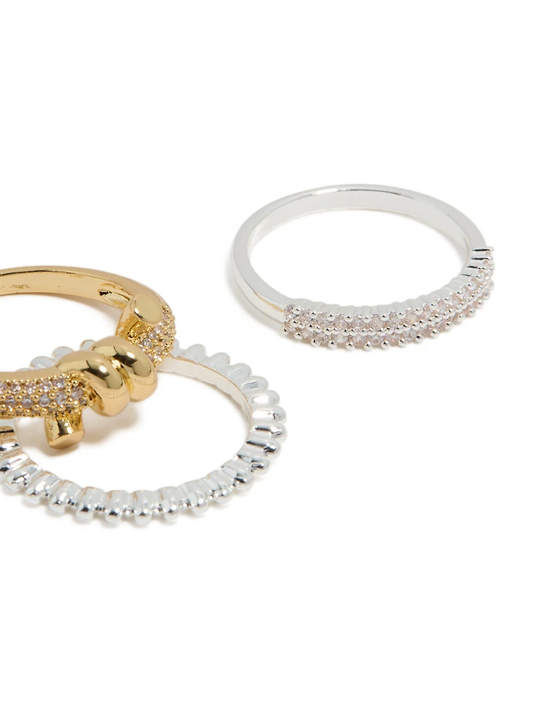 Mixed Metal Plated Cubic Zirconia Knotted Textured Rings 4-Pack