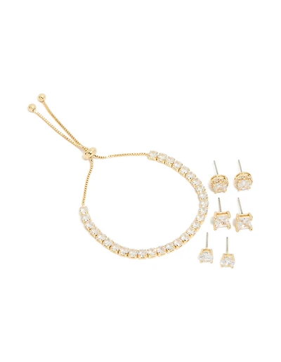 Gold Plated Cubic Zirconia Mixed Stud Earrings & Bracelet Set