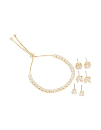 Gold Plated Cubic Zirconia Mixed Stud Earrings & Bracelet Set