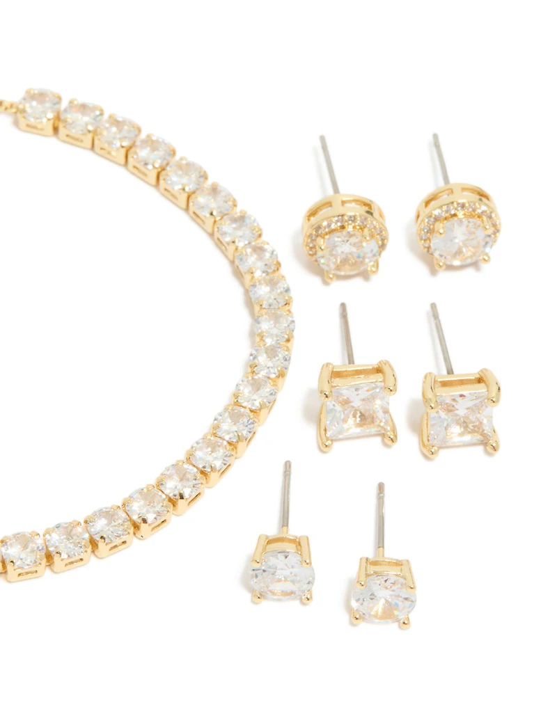 Gold Plated Cubic Zirconia Mixed Stud Earrings & Bracelet Set