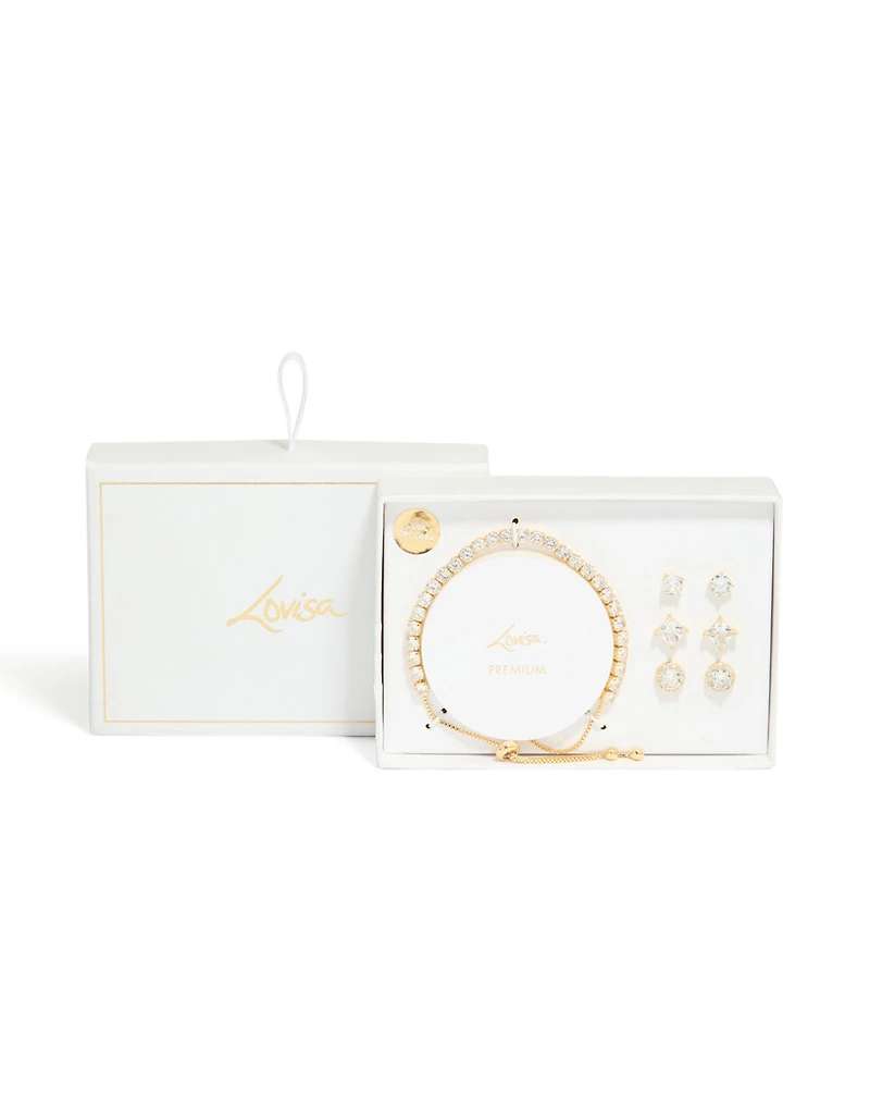 Ensemble de boucles d’oreilles et bracelets mixtes en zircone cubique plaqués or