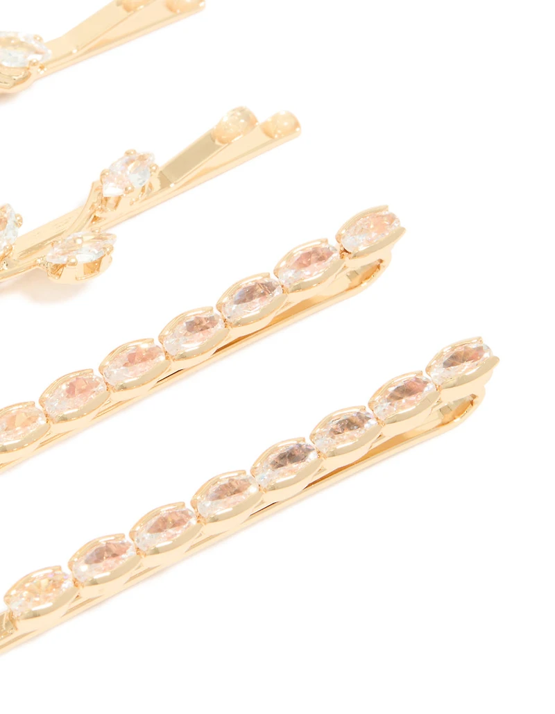 Gold Cubic Zirconia Flower & Oval Clips 4 Pack