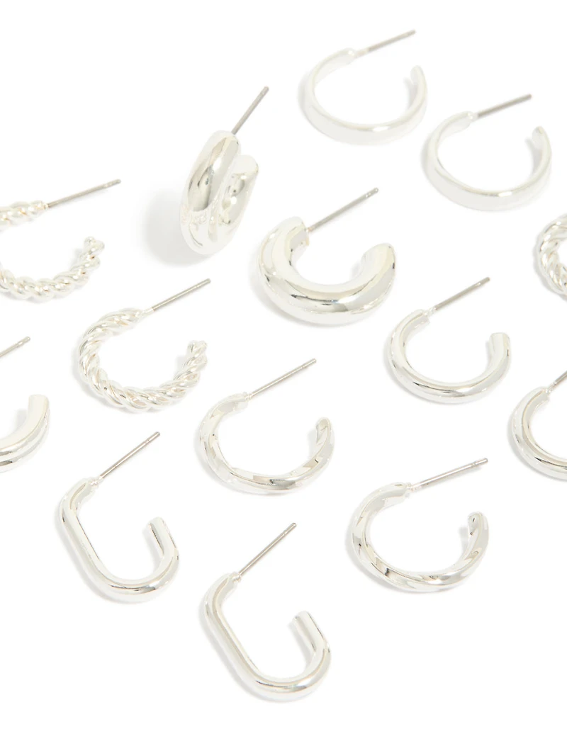 Boucles d’oreilles à anneau en argent à torsades et anneaux rectangulaires en pack de 8