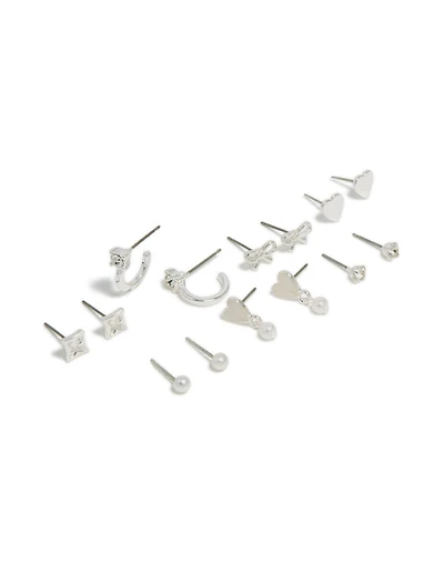 Boucles d’oreilles en argent cœur et clous de perles en pack de 7