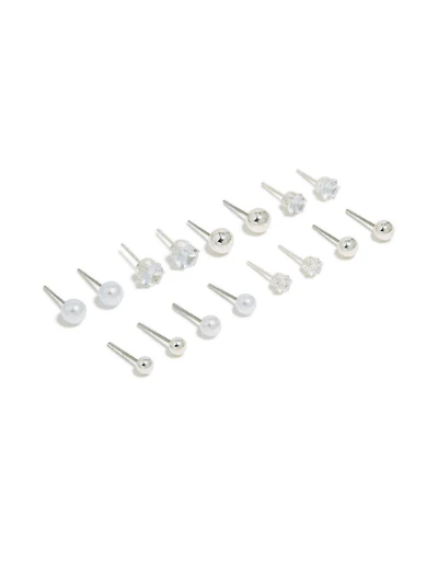 Silver Mixed Basic Stud Earrings 8-Pack