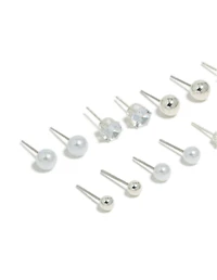 Silver Mixed Basic Stud Earrings 8-Pack
