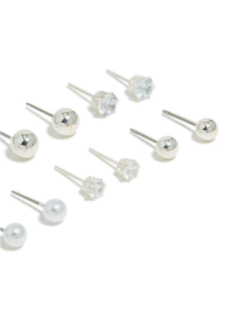 Silver Mixed Basic Stud Earrings 8-Pack