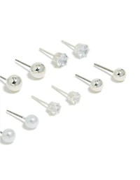 Silver Mixed Basic Stud Earrings 8-Pack
