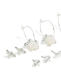 Silver Bee & Pearlised Flower Earrings 8-Pack