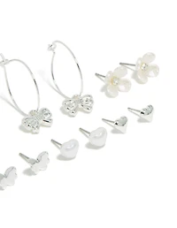 Silver Bee & Pearlised Flower Earrings 8-Pack