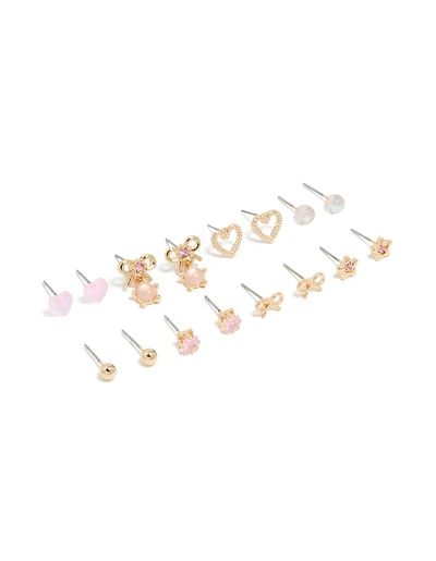 Gold Mixed Heart & Bow Diamante Earrings 8-Pack