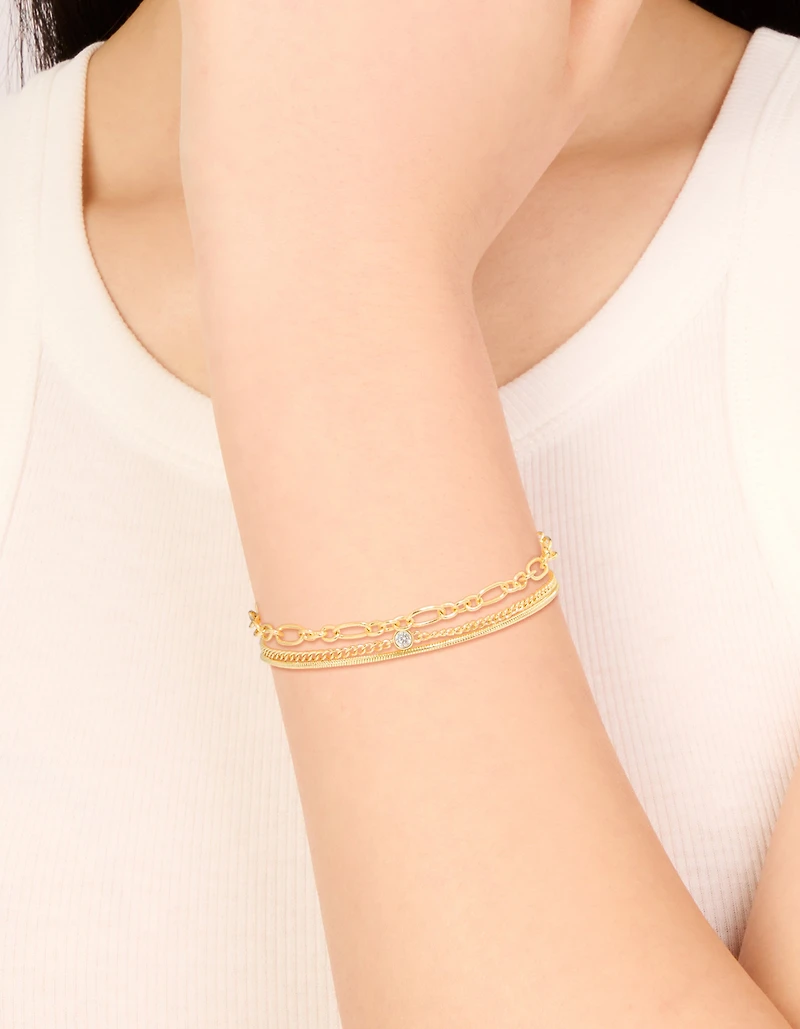 Gold Plated Cubic Zirconia & Chain Bracelets 3-Pack