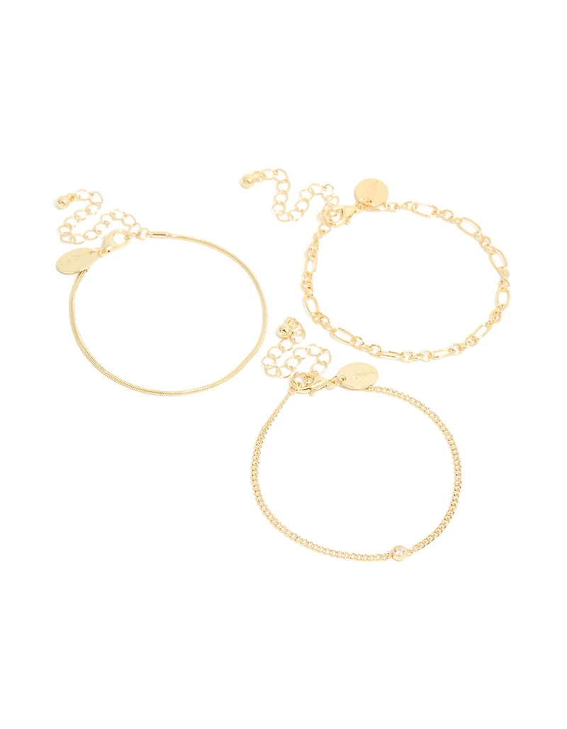 Gold Plated Cubic Zirconia & Chain Bracelets 3-Pack