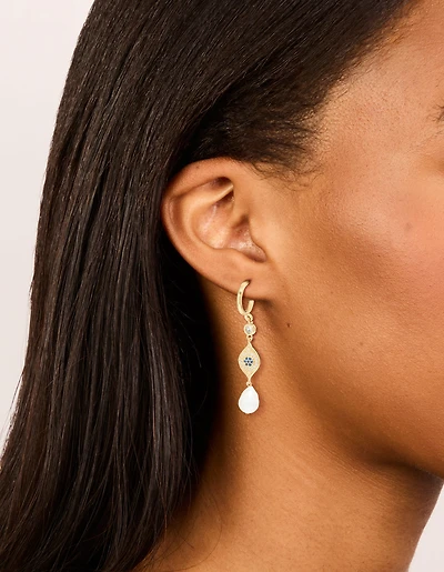 Gold Plated Cubic Zirconia Evil Eye Pearl Drop Earrings