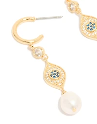 Gold Plated Cubic Zirconia Evil Eye Pearl Drop Earrings