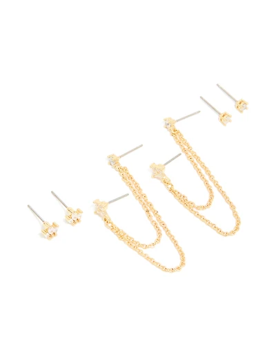 Pack de 3 boucles d’oreilles empileuses en zircone cubique en zircone en zircone en double chaîne et studs plaqués or