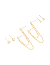 Pack de 3 boucles d’oreilles empileuses en zircone cubique en zircone en zircone en double chaîne et studs plaqués or