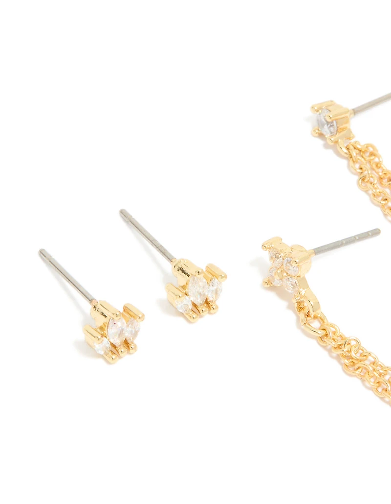 Pack de 3 boucles d’oreilles empileuses en zircone cubique en zircone en zircone en double chaîne et studs plaqués or