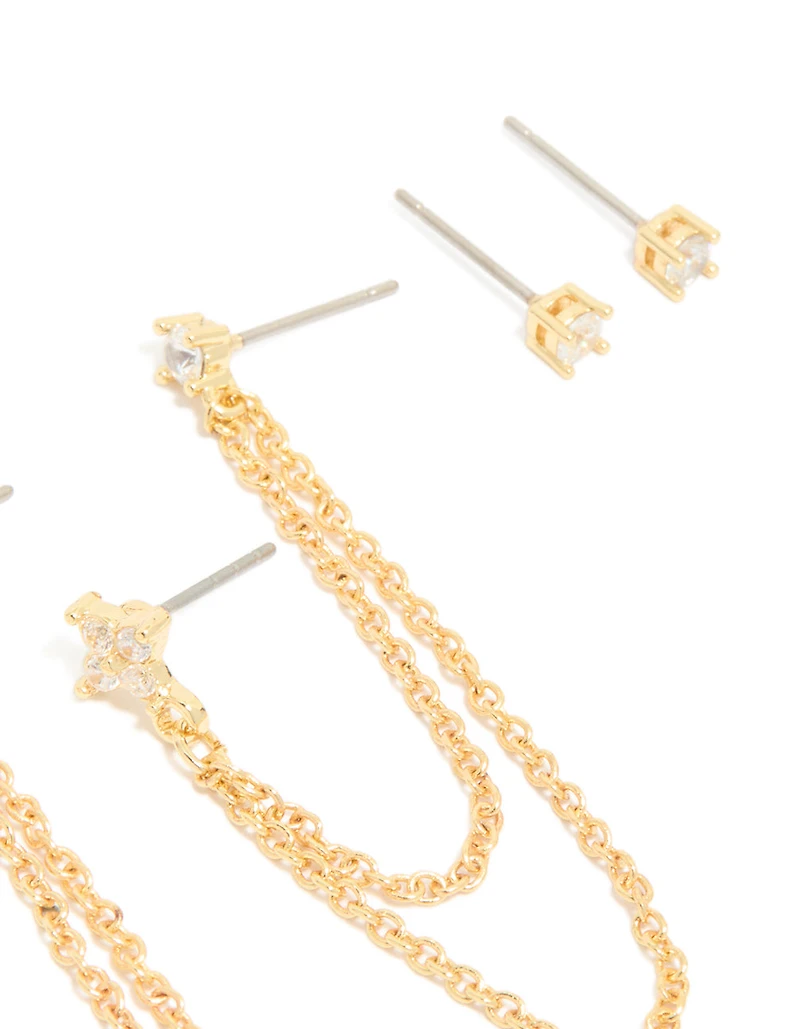 Pack de 3 boucles d’oreilles empileuses en zircone cubique en zircone en zircone en double chaîne et studs plaqués or