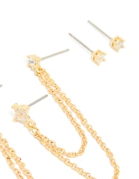 Pack de 3 boucles d’oreilles empileuses en zircone cubique en zircone en zircone en double chaîne et studs plaqués or