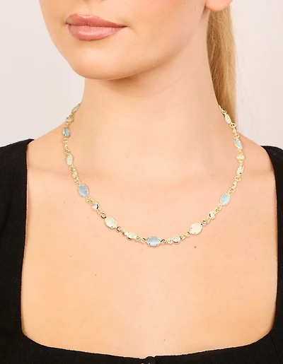 Gold Plated Blue & White Oval Cubic Zirconia Necklace