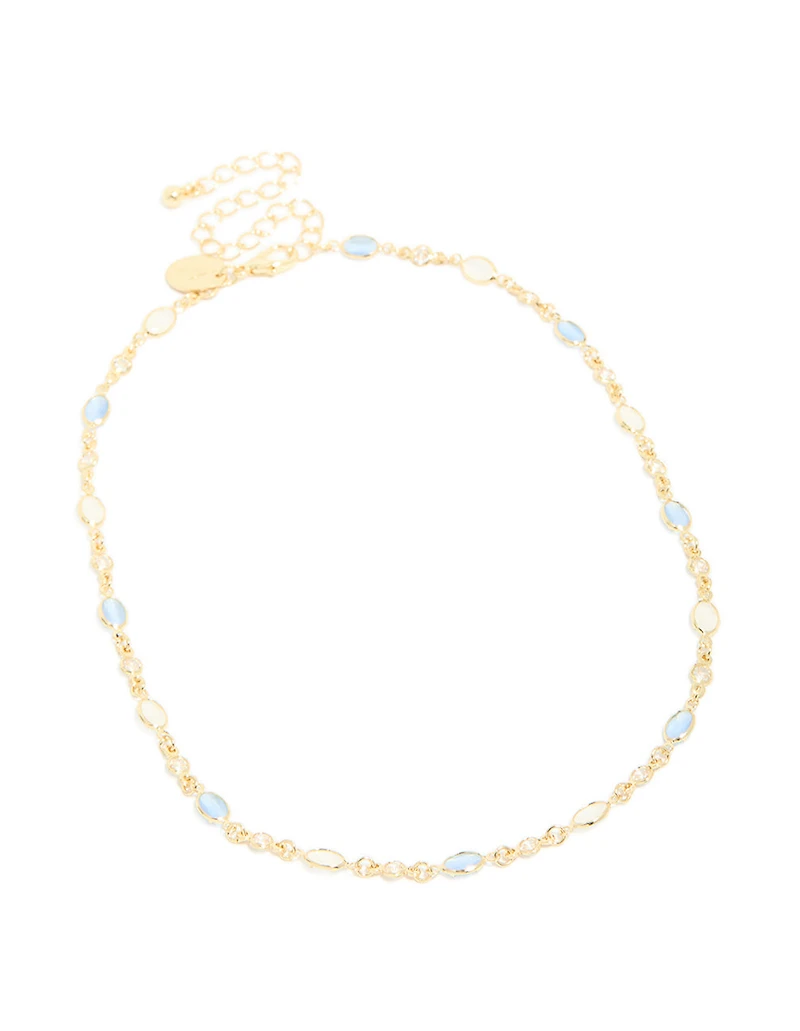 Gold Plated Blue & White Oval Cubic Zirconia Necklace