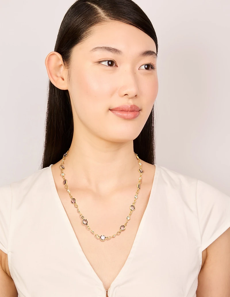Gold Plated Pink & Clear Cubic Zirconia Station Necklace