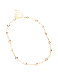 Gold Plated Pink & Clear Cubic Zirconia Station Necklace