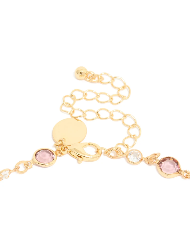 Gold Plated Pink & Clear Cubic Zirconia Station Necklace