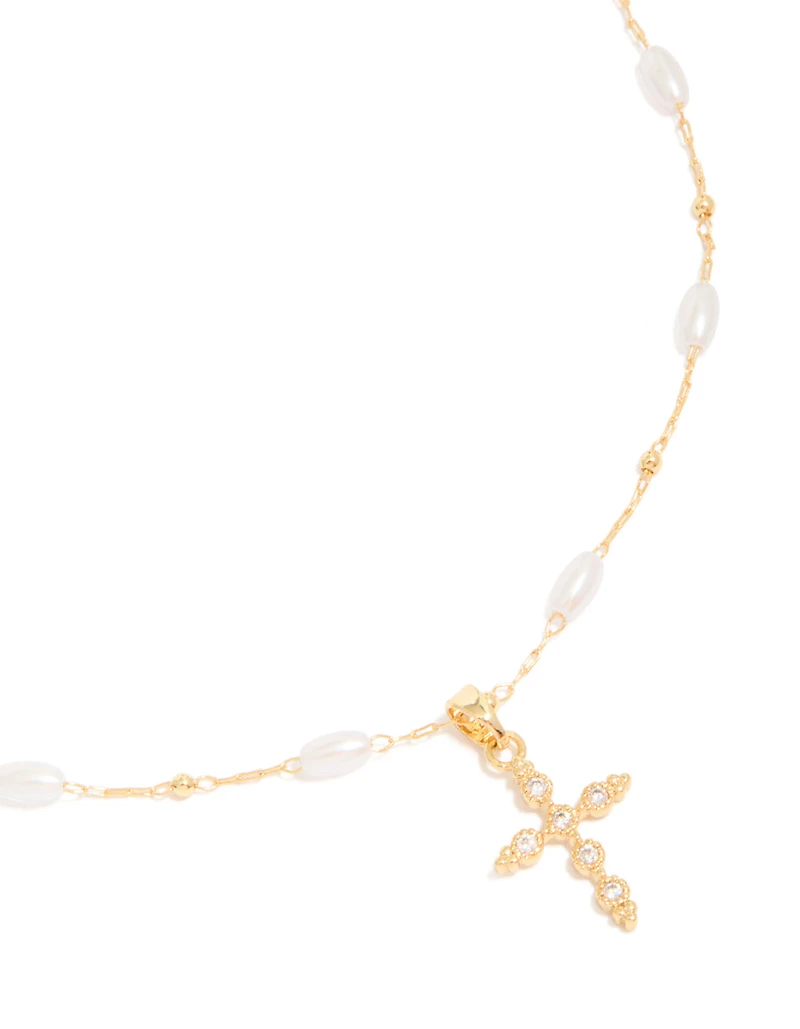 Collier croix cubique en zircone et perles plaqués or