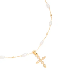 Collier croix cubique en zircone et perles plaqués or